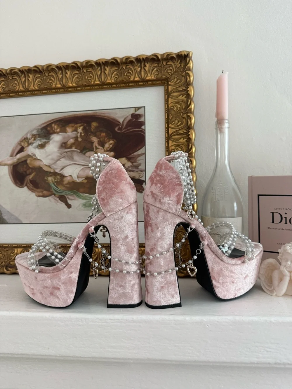 Crystal-Embellished Pink Velvet Platform Heels - Women